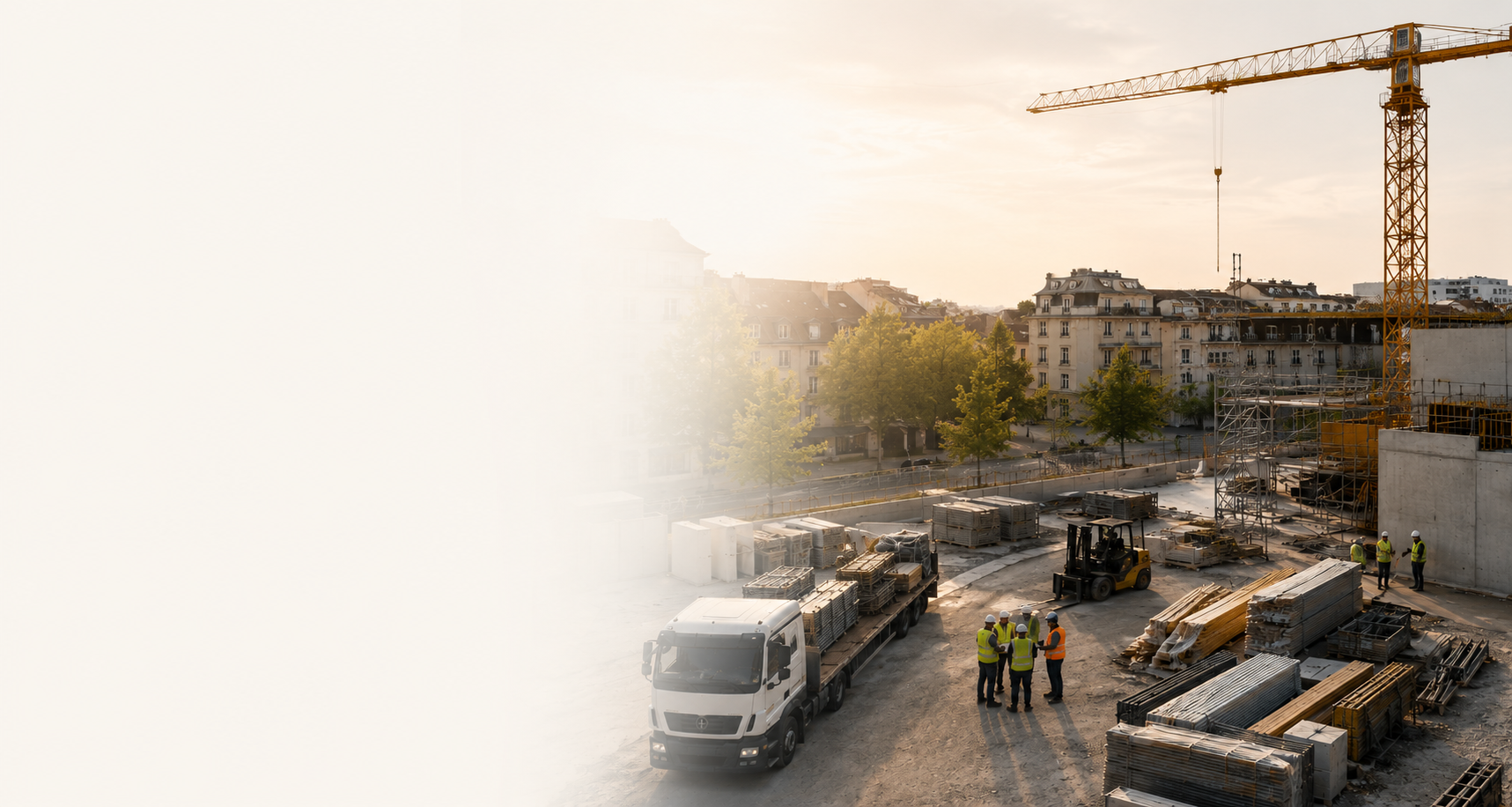 Chantier de construction avec livraison de matériaux